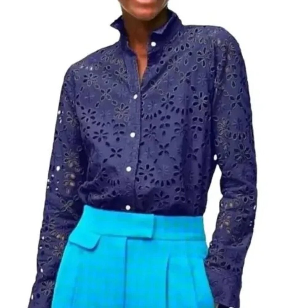 J. CREW Embroidered Eyelet Shirt w/Cami  Sz 2 NAVY BLUE